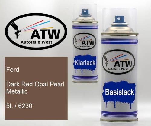 Ford, Dark Red Opal Pearl Metallic, 5L / 6230: 400ml Sprühdose + 400ml Klarlack - Set, von ATW Autoteile West.